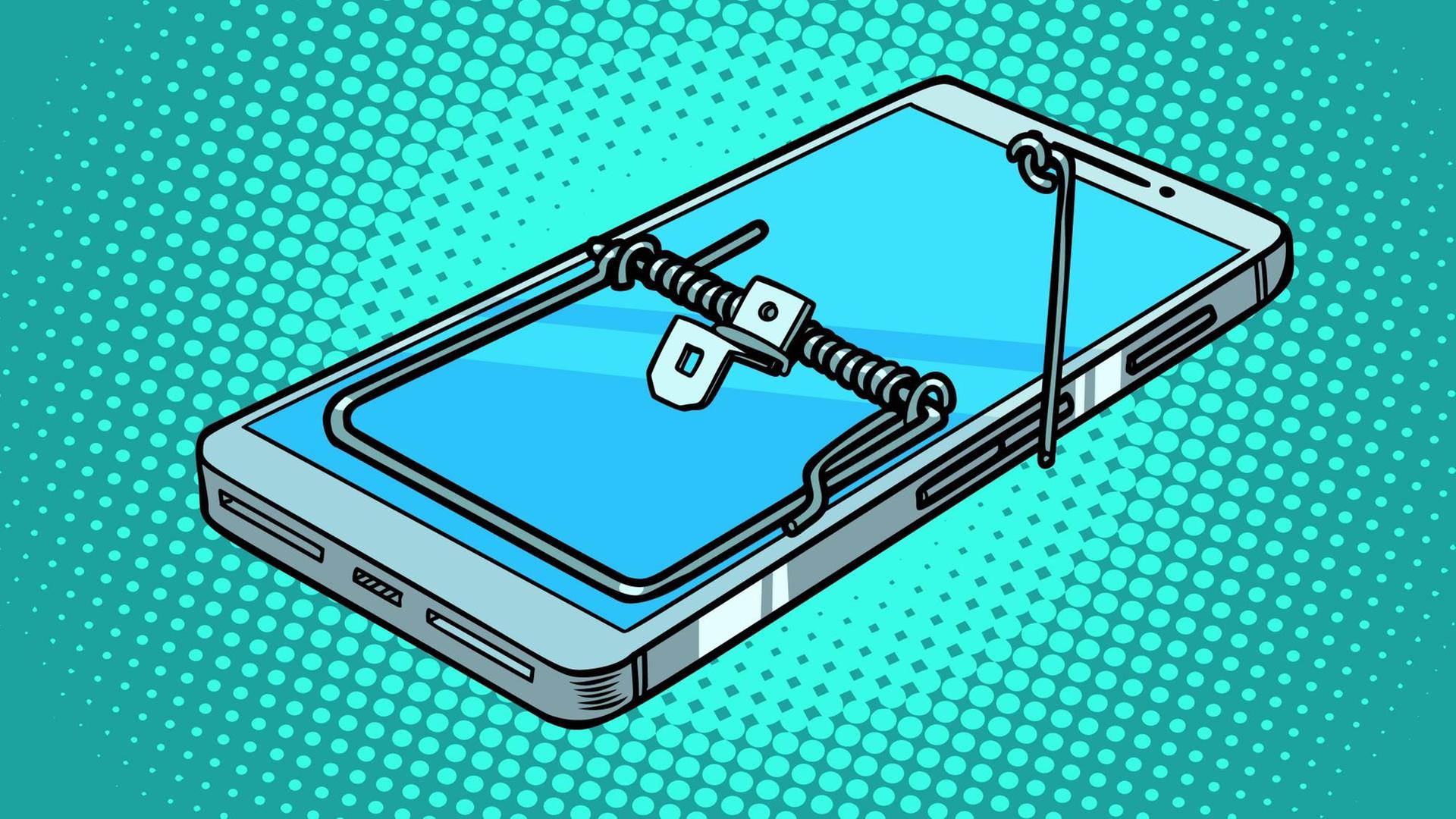 Ilustration eines Smartphones auf dem eine Mausefalle liegt. Ilustration eines Smartphones auf dem eine Mausefalle liegt.