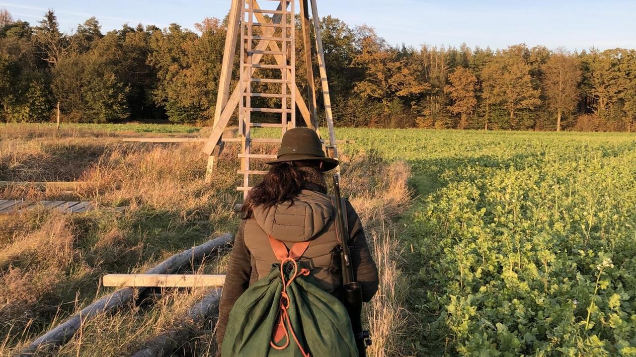 Jägerin Annette von Karp auf dem Weg zu dem Hochsitz auf dem Feld. Jägerin Annette von Karp auf dem Weg zu dem Hochsitz auf dem Feld.
