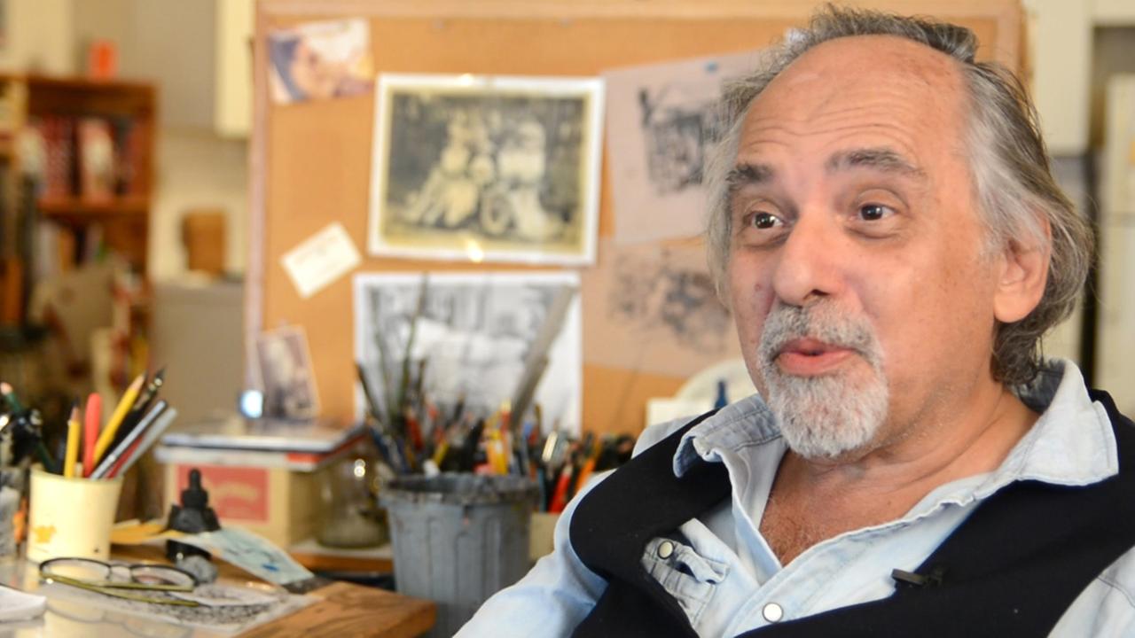 Das Foto zeigt den US-amerikanischen Comiczeichner Art Spiegelman an seinem Schreibtisch. Das Foto zeigt den US-amerikanischen Comiczeichner Art Spiegelman an seinem Schreibtisch.