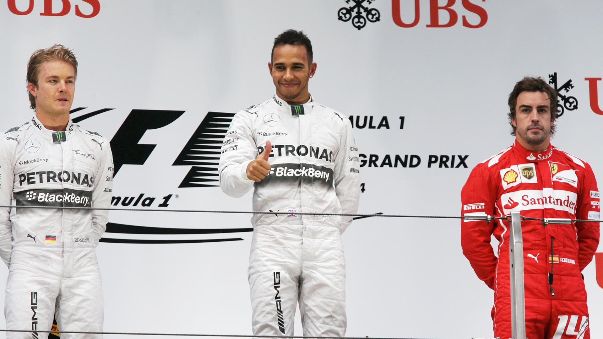 Lewis Hamilton siegte beim Großen Preis von China vor Nico Rosberg (l.) und Fernando Alonso (r.).