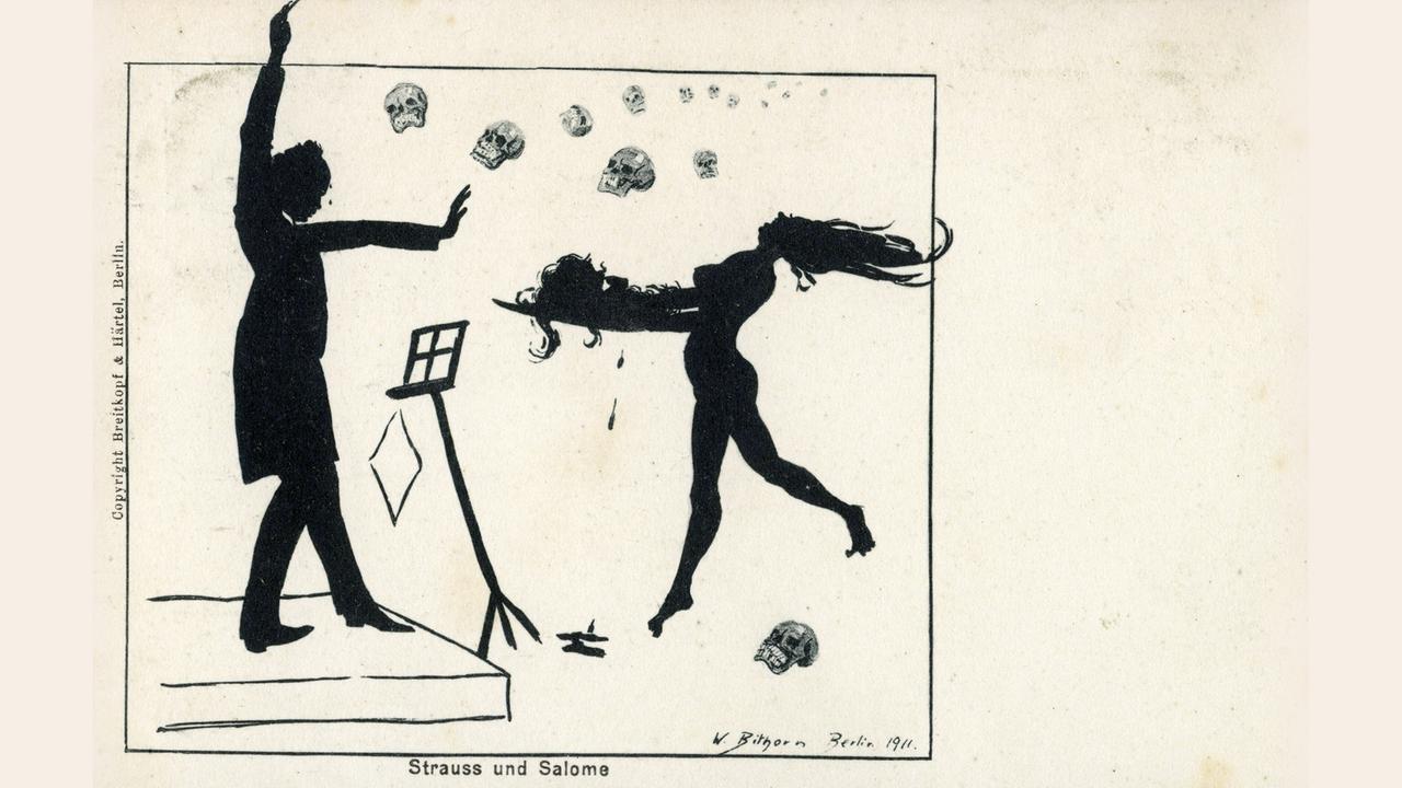 Strauss und Salome - Karikatur von W. Bithorn, 1911 Der Komponist Richard Strauss (1864 1949) dirigiert sein Werk vor einem umfallenden Notenständer, während Salome ihm das abgeschlagene Haupt des Jochanaan heranträgt Strauss und Salome - Karikatur von W. Bithorn, 1911 Der Komponist Richard Strauss (1864 1949) dirigiert sein Werk vor einem umfallenden Notenständer, während Salome ihm das abgeschlagene Haupt des Jochanaan heranträgt