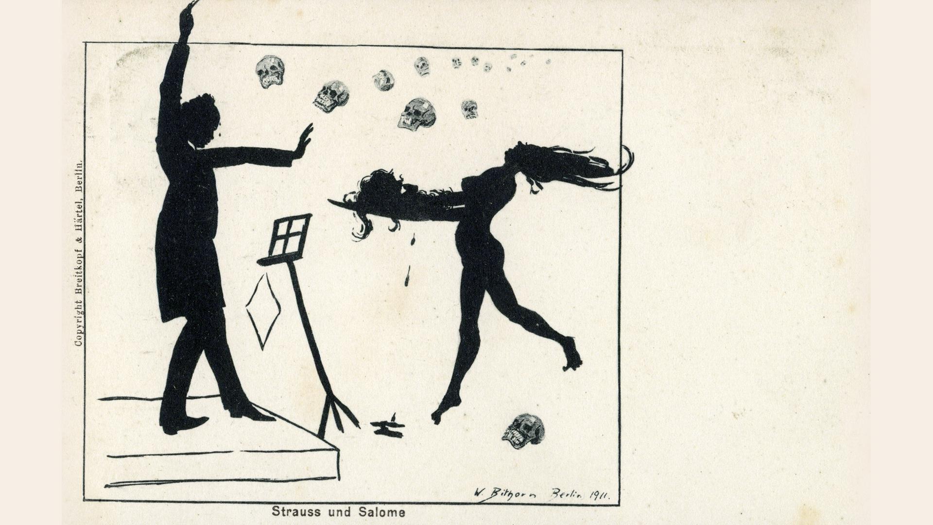 Strauss und Salome - Karikatur von W. Bithorn, 1911 Der Komponist Richard Strauss (1864 1949) dirigiert sein Werk vor einem umfallenden Notenständer, während Salome ihm das abgeschlagene Haupt des Jochanaan heranträgt Strauss und Salome - Karikatur von W. Bithorn, 1911 Der Komponist Richard Strauss (1864 1949) dirigiert sein Werk vor einem umfallenden Notenständer, während Salome ihm das abgeschlagene Haupt des Jochanaan heranträgt