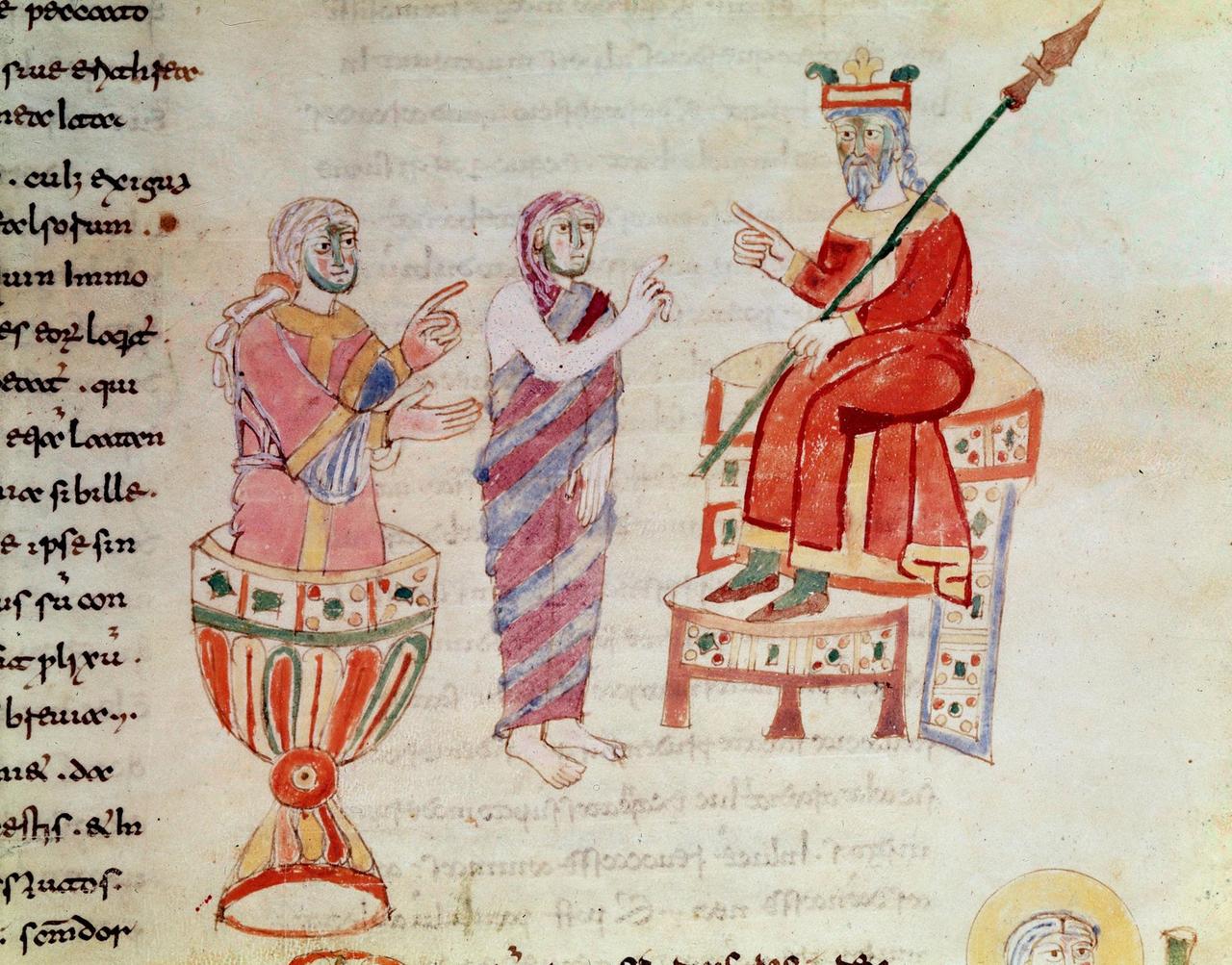 Darstellung von Zarathushtra in einer Handschrift (De Universo von Rabanus Maurus Magnentius) aus dem 9. Jahrhundert. Zu sehen ist Zarathushtra, der zwei Orakel konsultiert. Darstellung von Zarathushtra in einer Handschrift (De Universo von Rabanus Maurus Magnentius) aus dem 9. Jahrhundert. Zu sehen ist Zarathushtra, der zwei Orakel konsultiert.