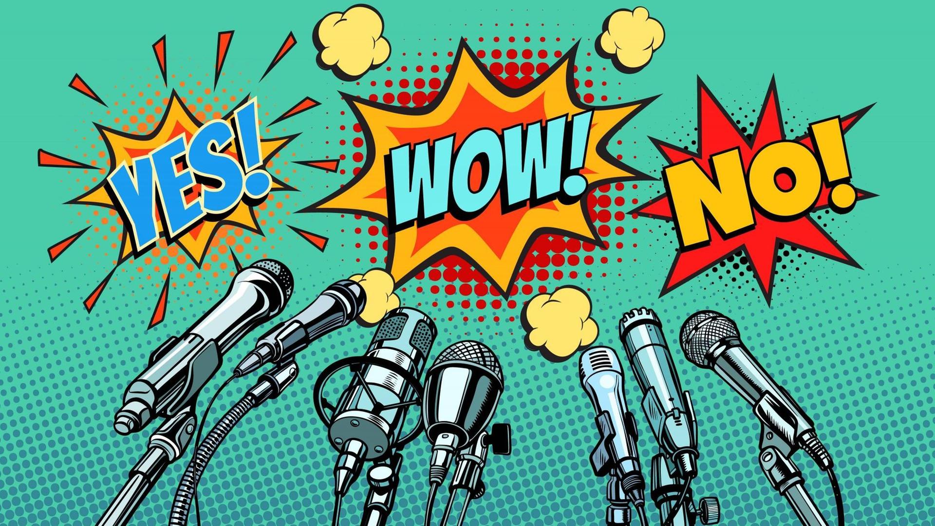 In Stil eines Pop Art Bildes sind mehrere Sprechblasen hinter Mikrofonen zu sehen. In Stil eines Pop Art Bildes sind mehrere Sprechblasen hinter Mikrofonen zu sehen.