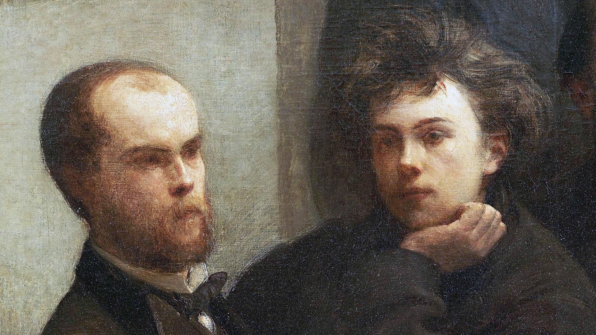 Die Schriftsteller Paul Verlaine (links) und Arthur Rimbaud (rechts) auf einem Gemälde von Henri Fantin-Latour . Die Schriftsteller Paul Verlaine (links) und Arthur Rimbaud (rechts) auf einem Gemälde von Henri Fantin-Latour .