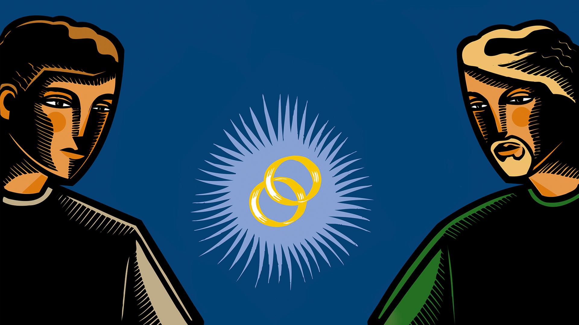 Illustration von zwei Männern die, sich gegenüberstehend, auf zwei Eheringe in der Bildmitte schauen. Illustration von zwei Männern die, sich gegenüberstehend, auf zwei Eheringe in der Bildmitte schauen.