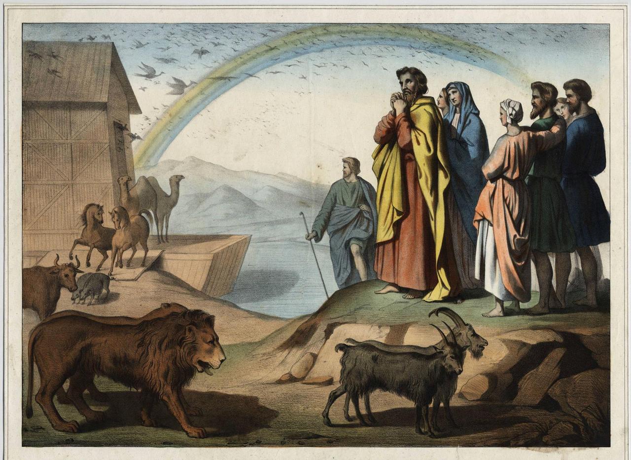 Nach der Flut kommen die Tiere von der Arche herunter. Rechts: Noah, seine Frau, seine drei Söhne (Sem, Cham und Japhet) und ihre Frauen. Im Hintergrund der Regenbogen, das Symbol der Schöpfungsordnung, geschlossen zwischen Noah und Gott. Anonymer Stich aus der Mitte des 19. Jahrhunderts. Nach der Flut kommen die Tiere von der Arche herunter. Rechts: Noah, seine Frau, seine drei Söhne (Sem, Cham und Japhet) und ihre Frauen. Im Hintergrund der Regenbogen, das Symbol der Schöpfungsordnung, geschlossen zwischen Noah und Gott. Anonymer Stich aus der Mitte des 19. Jahrhunderts.