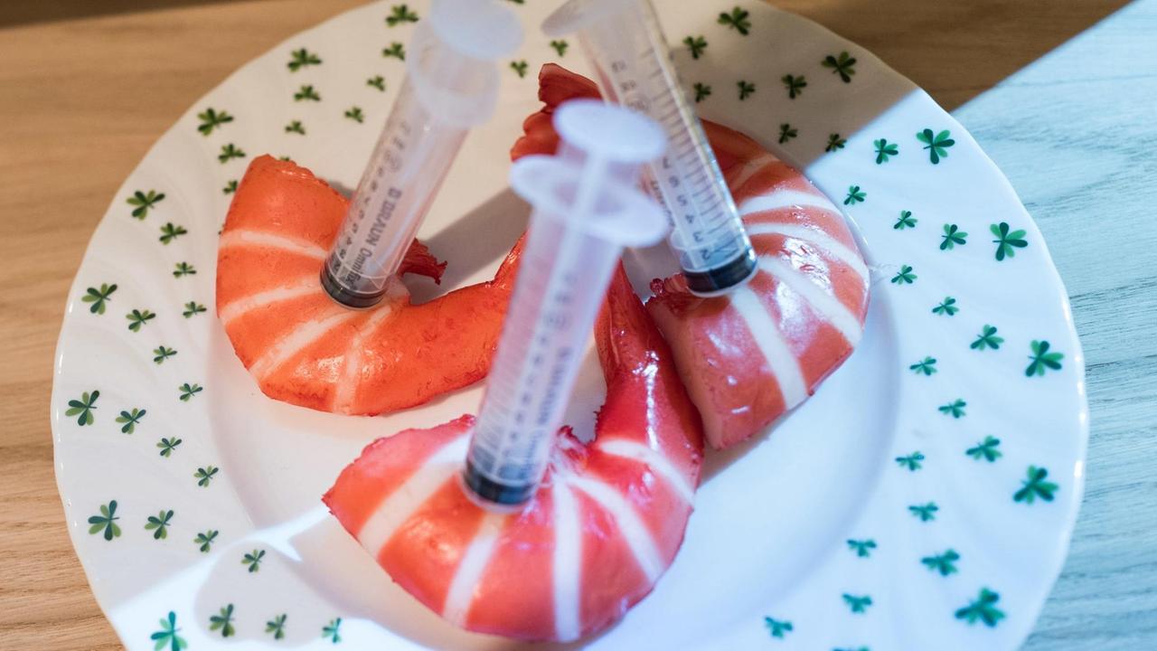 Auf der Grünen Woche stecken Spritzen in drei Plastik-Garnelen, aufgenommen am 20.01.2017 in Berlin. Der Besucher soll dafür sensibilisiert werden, dass teilweise Garnelen mit Gel aufgespritzt werden, um ein höheres Gewicht vorzutäuschen. Auf der Grünen Woche stecken Spritzen in drei Plastik-Garnelen, aufgenommen am 20.01.2017 in Berlin. Der Besucher soll dafür sensibilisiert werden, dass teilweise Garnelen mit Gel aufgespritzt werden, um ein höheres Gewicht vorzutäuschen.