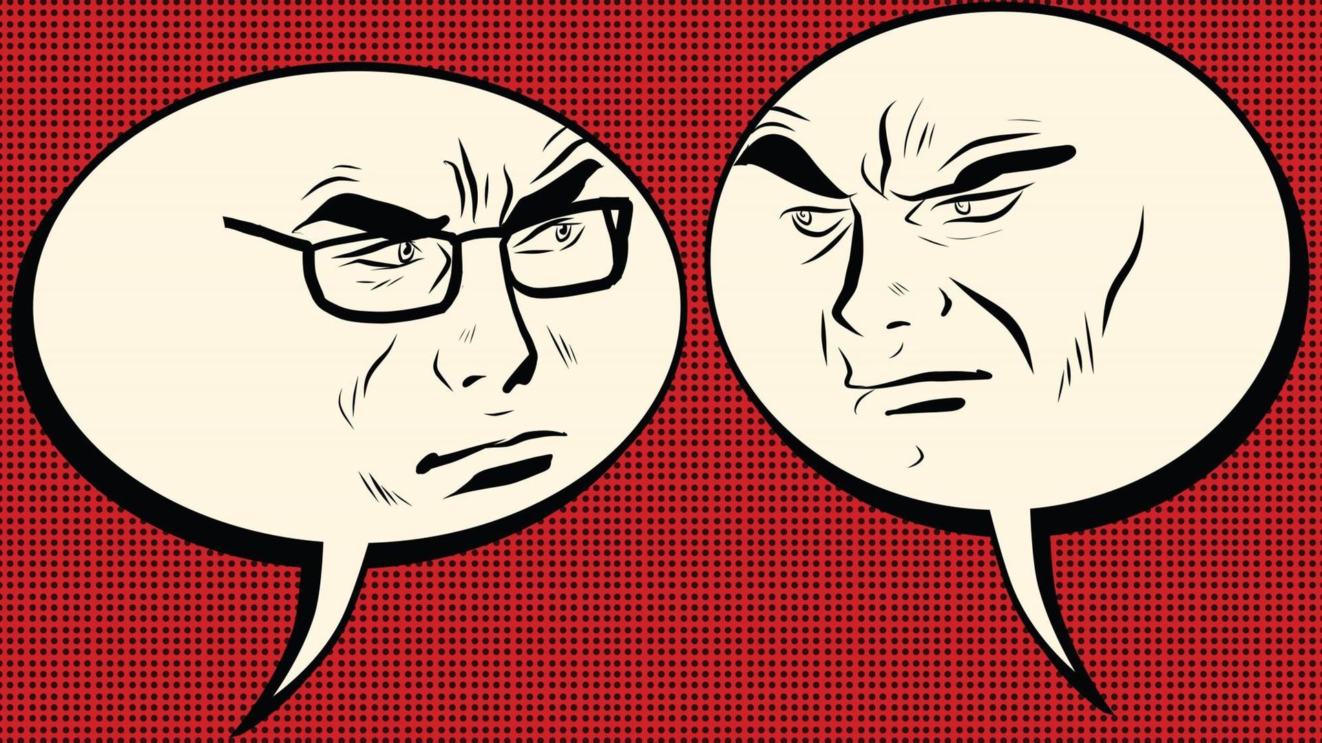 Die Illustration zeigt die Gesichter zweier verärgerter Männer in Sprechblasen. Die Illustration zeigt die Gesichter zweier verärgerter Männer in Sprechblasen.