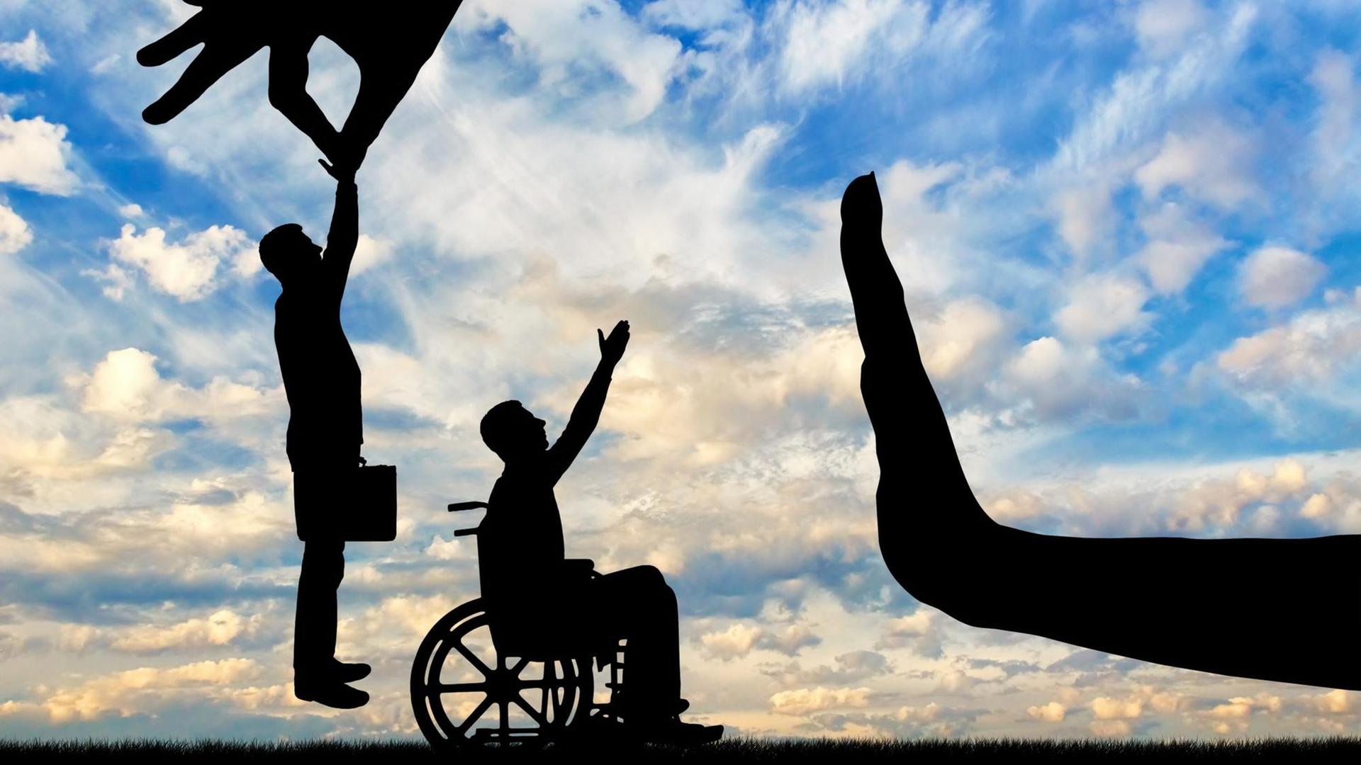 Auf einer Illustration wird ein Job-Bewerber im Rollstuhl abgelehnt, ein nichtbehinderter Bewerber bekommt den Arbeitsplatz