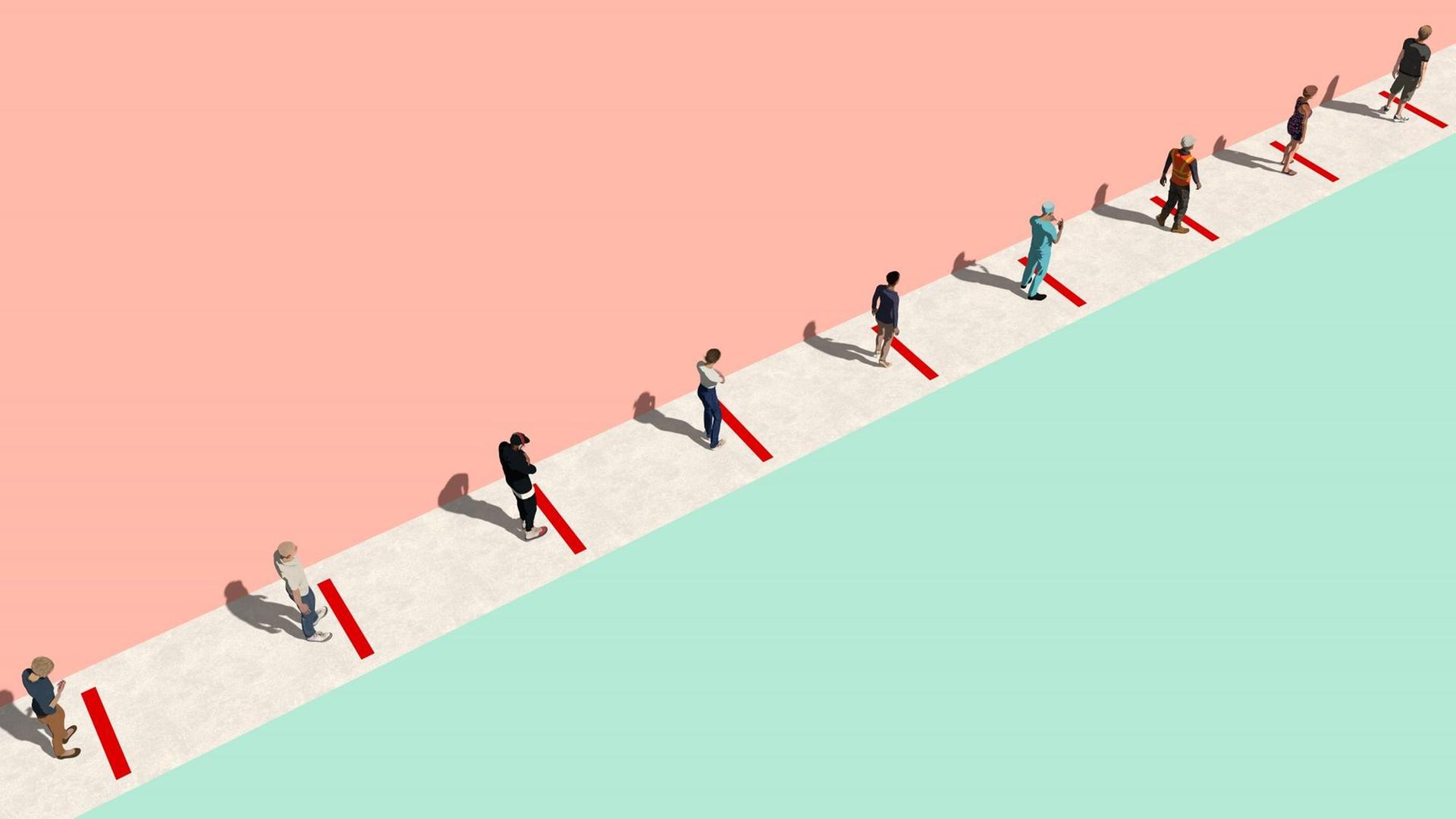 Illustration von Menschen die in einer Reihe stehen — vor ihnen die roten Abstandslinien am Boden Illustration von Menschen die in einer Reihe stehen — vor ihnen die roten Abstandslinien am Boden