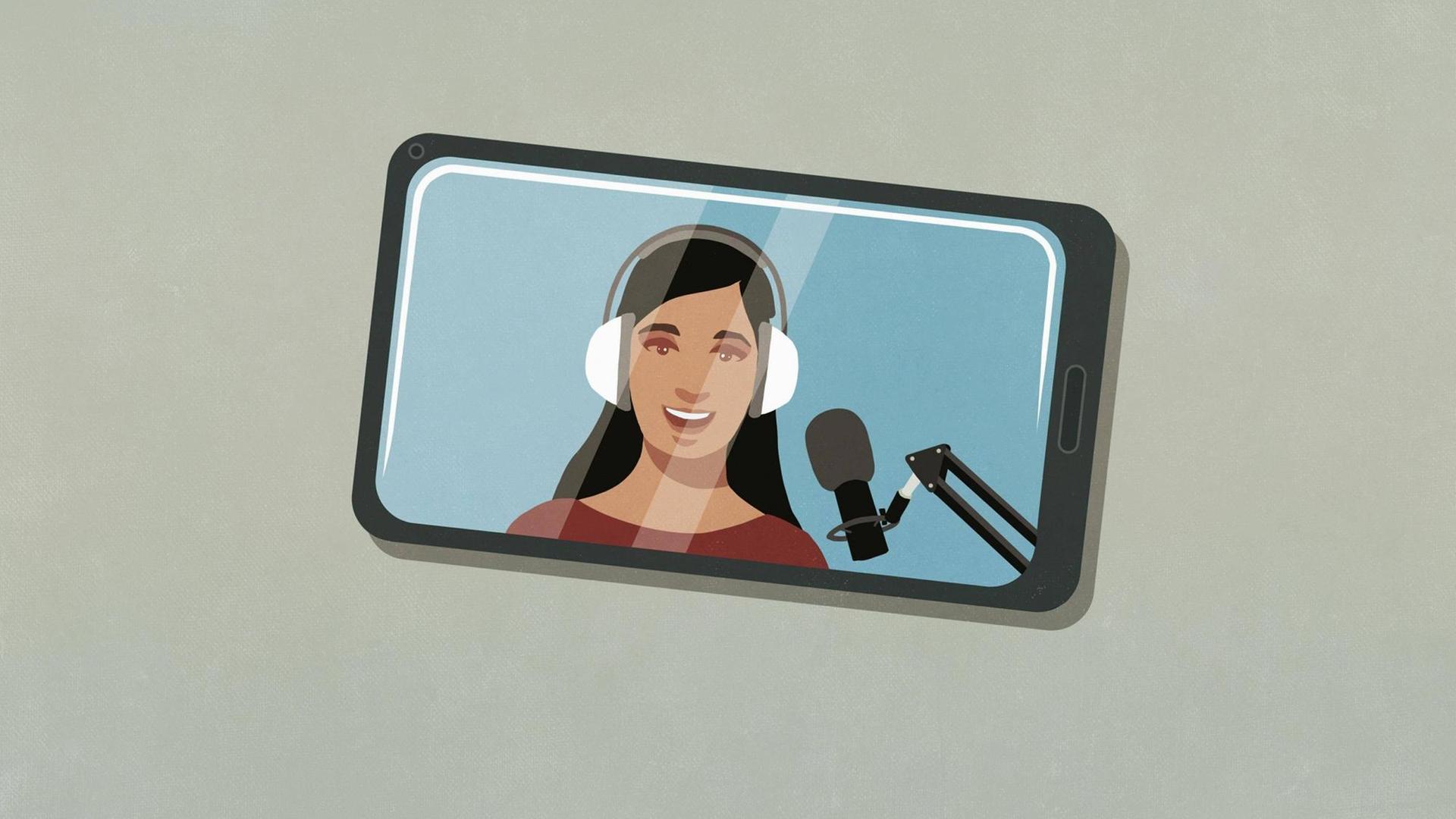 Illustration eines Smartphones auf dessen Display eine Frau mit Radiomikrofon zu sehen ist Illustration eines Smartphones auf dessen Display eine Frau mit Radiomikrofon zu sehen ist