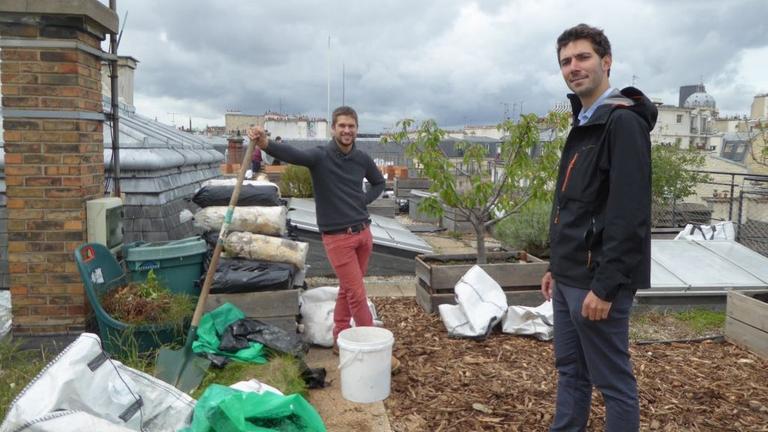 Der Agrarwissschaftler Baptiste Grard und sein Kollege Antoine Juvin im Garten auf dem Dach ihrer Hochschule Der Agrarwissschaftler Baptiste Grard und sein Kollege Antoine Juvin im Garten auf dem Dach ihrer Hochschule