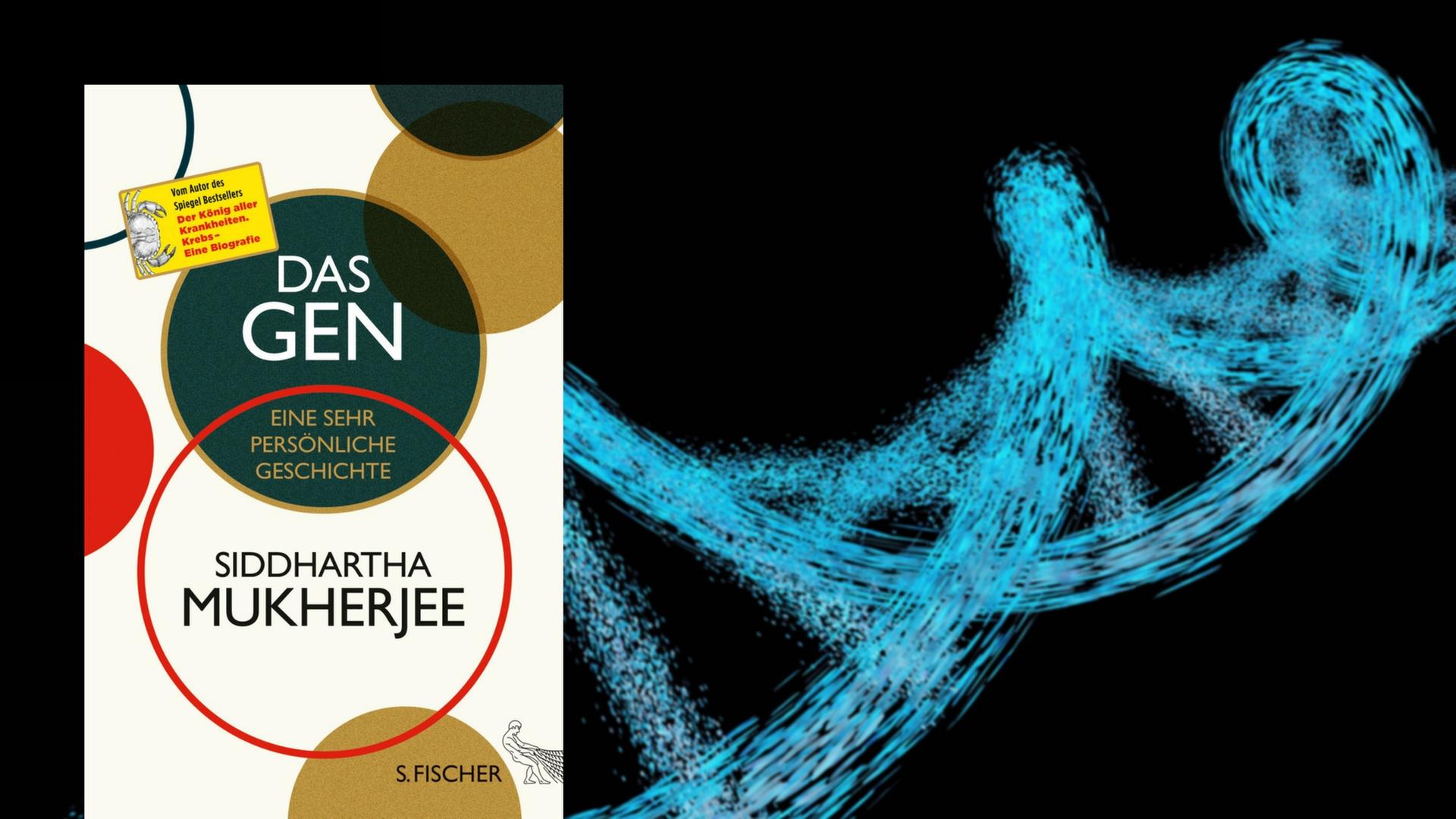 Im Vordergrund das Buchcover von "Das Gen", im Hintergrund ein Computerbild, das eine sich auflösende DNA darstellt. Im Vordergrund das Buchcover von "Das Gen", im Hintergrund ein Computerbild, das eine sich auflösende DNA darstellt.