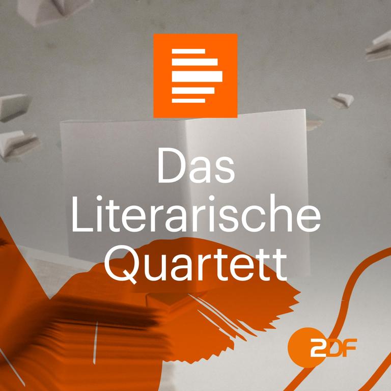 Das Bild zeigt das Podcast-Logo der ZDF-Sendung "Das Literarische Quartett", die als Podcast zum Nachhören von Deutschlandfunk Kultur angeboten wird. Zu sehen ist ein aufgeschlagenes, unbeschriebenes Buch vor umherfliegenden Buchseiten, darauf sind orange Pinselstriche zu sehen und zu lesen "Das Literarische Quartett". Das Bild zeigt das Podcast-Logo der ZDF-Sendung "Das Literarische Quartett", die als Podcast zum Nachhören von Deutschlandfunk Kultur angeboten wird. Zu sehen ist ein aufgeschlagenes, unbeschriebenes Buch vor umherfliegenden Buchseiten, darauf sind orange Pinselstriche zu sehen und zu lesen "Das Literarische Quartett".