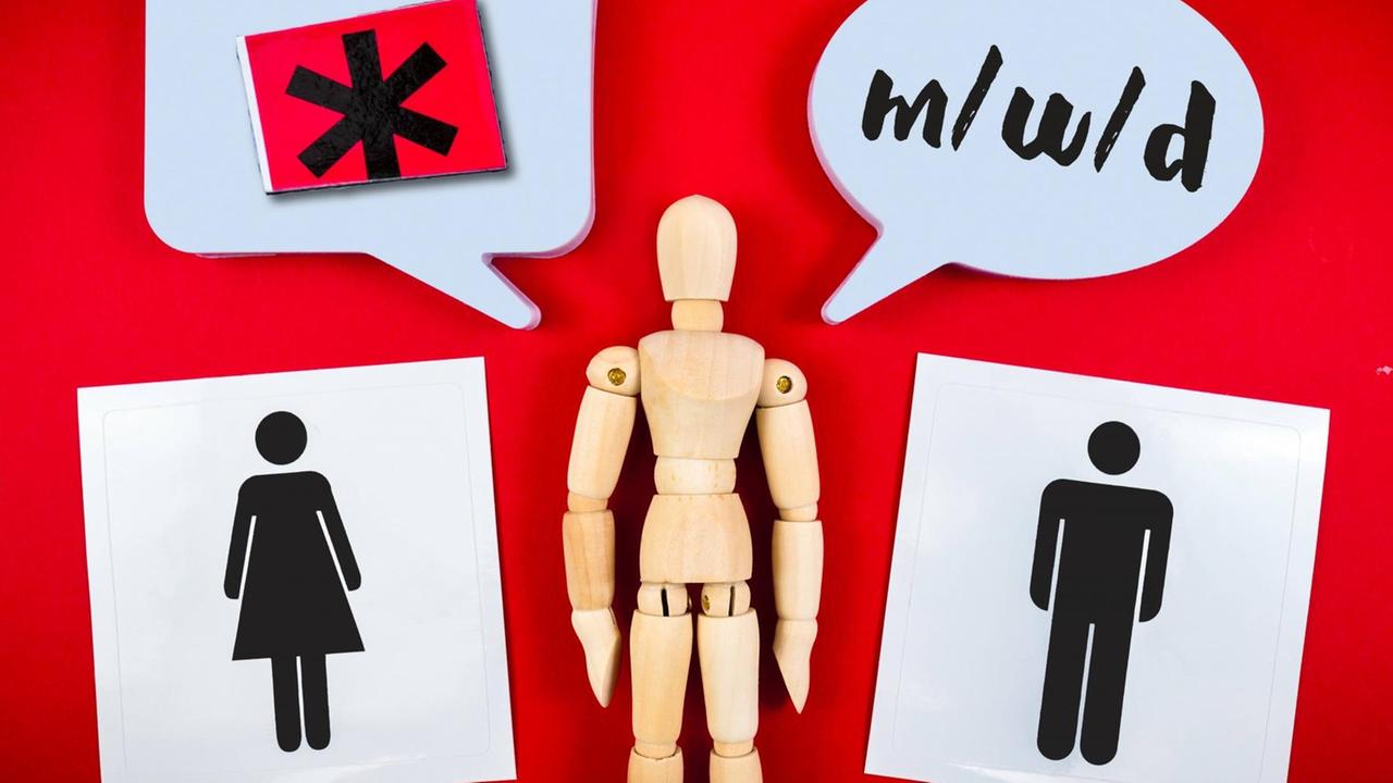 Das Foto zeigt eine Holz-Puppe zwischen Symbolen für Frau und Mann. In einer Sprech-Blase stehen die Buchstaben w, m und d, für männlich, weiblich und divers.