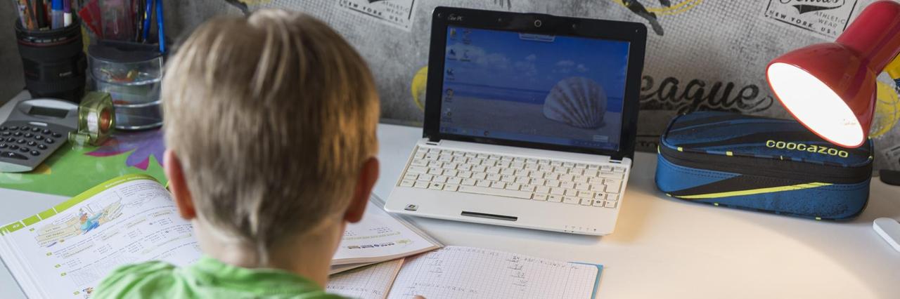 Sie sehen ein Kind von hinten. Der Junge sitzt vor einem kleinen PC. Sie sehen ein Kind von hinten. Der Junge sitzt vor einem kleinen PC.