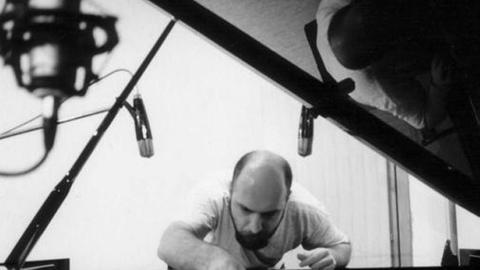 Der Komponist und Musiker Zoran Scekic kontrolliert die Saiten an einem Flügel