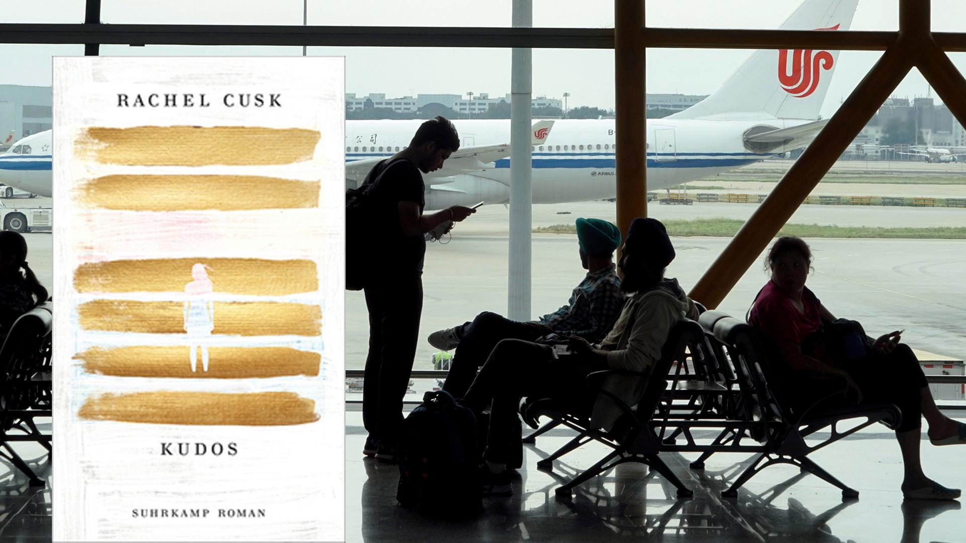 Cover von Rachel Cusks "Kudos" vor dem Hintergrund eine kleinen Gruppe von Flugpassagieren auf dem Flughafen Cover von Rachel Cusks "Kudos" vor dem Hintergrund eine kleinen Gruppe von Flugpassagieren auf dem Flughafen