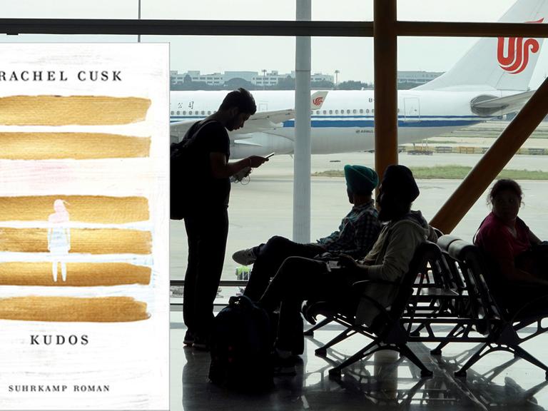 Cover von Rachel Cusks "Kudos" vor dem Hintergrund eine kleinen Gruppe von Flugpassagieren auf dem Flughafen