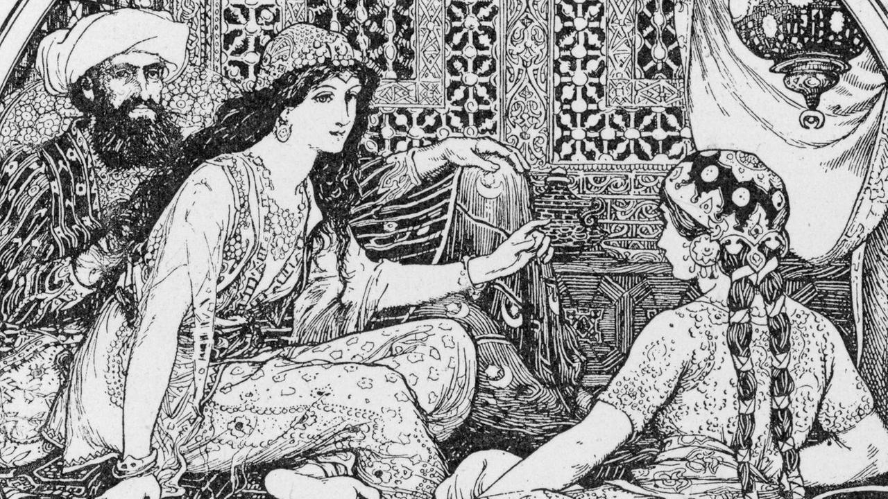 Scheherazade, Dinarzade und der Sultan aus 1001 Nacht auf einem historischen Stich. Scheherazade, Dinarzade und der Sultan aus 1001 Nacht auf einem historischen Stich.