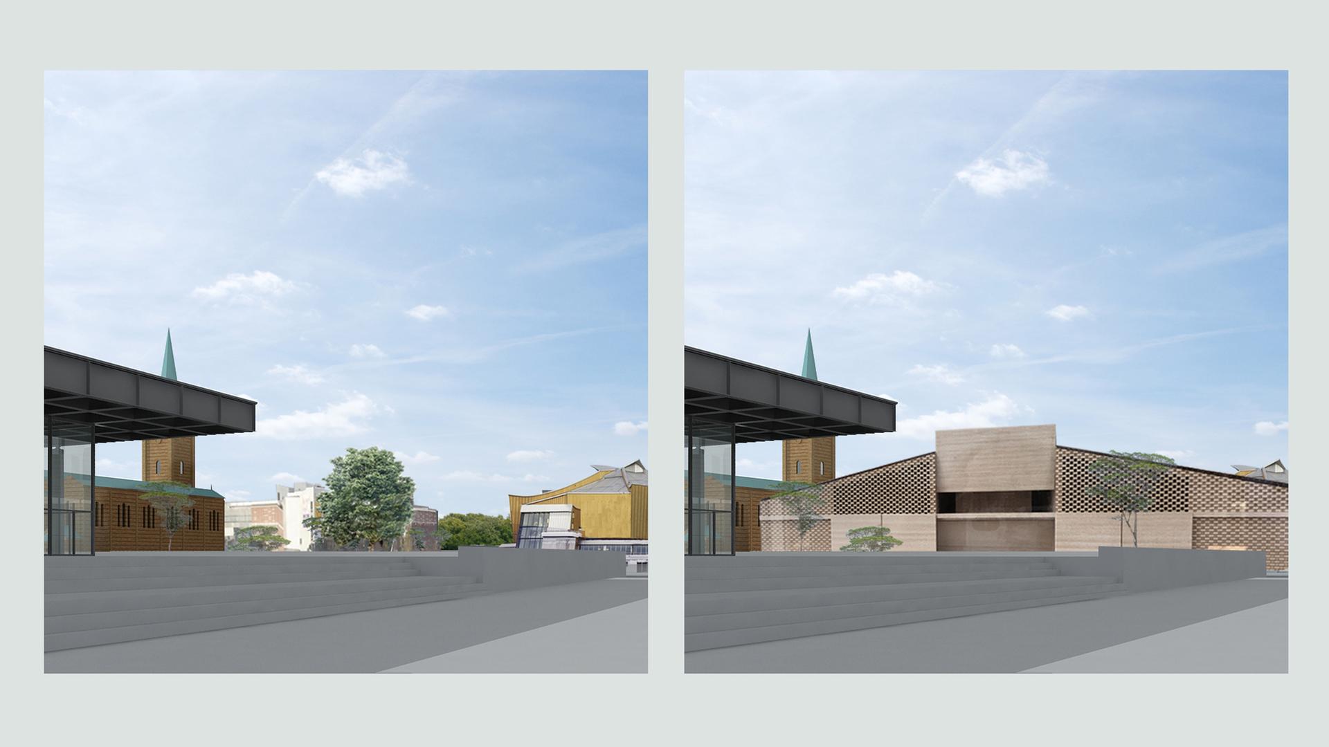 Collage zweiter Bilder, die den Blick auf das Kulturforum veranschaulichen. Ohne und mit dem Entwurf für das neue Museum der Moderne. Nach seiner Fertigstellung an der Nordseite der Neuen Nationalgalerie verstellt das geplante Museum in der Bildmitte den Blick nach Norden. Collage zweiter Bilder, die den Blick auf das Kulturforum veranschaulichen. Ohne und mit dem Entwurf für das neue Museum der Moderne. Nach seiner Fertigstellung an der Nordseite der Neuen Nationalgalerie verstellt das geplante Museum in der Bildmitte den Blick nach Norden.