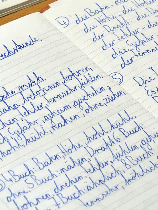 Eine Schülerin der Klasse 3a der Regenbogenschule in Fahrland, einem Ortsteil von Potsdam (Brandenburg), schreibt in der Unterrichtsstunde Worte mit h.