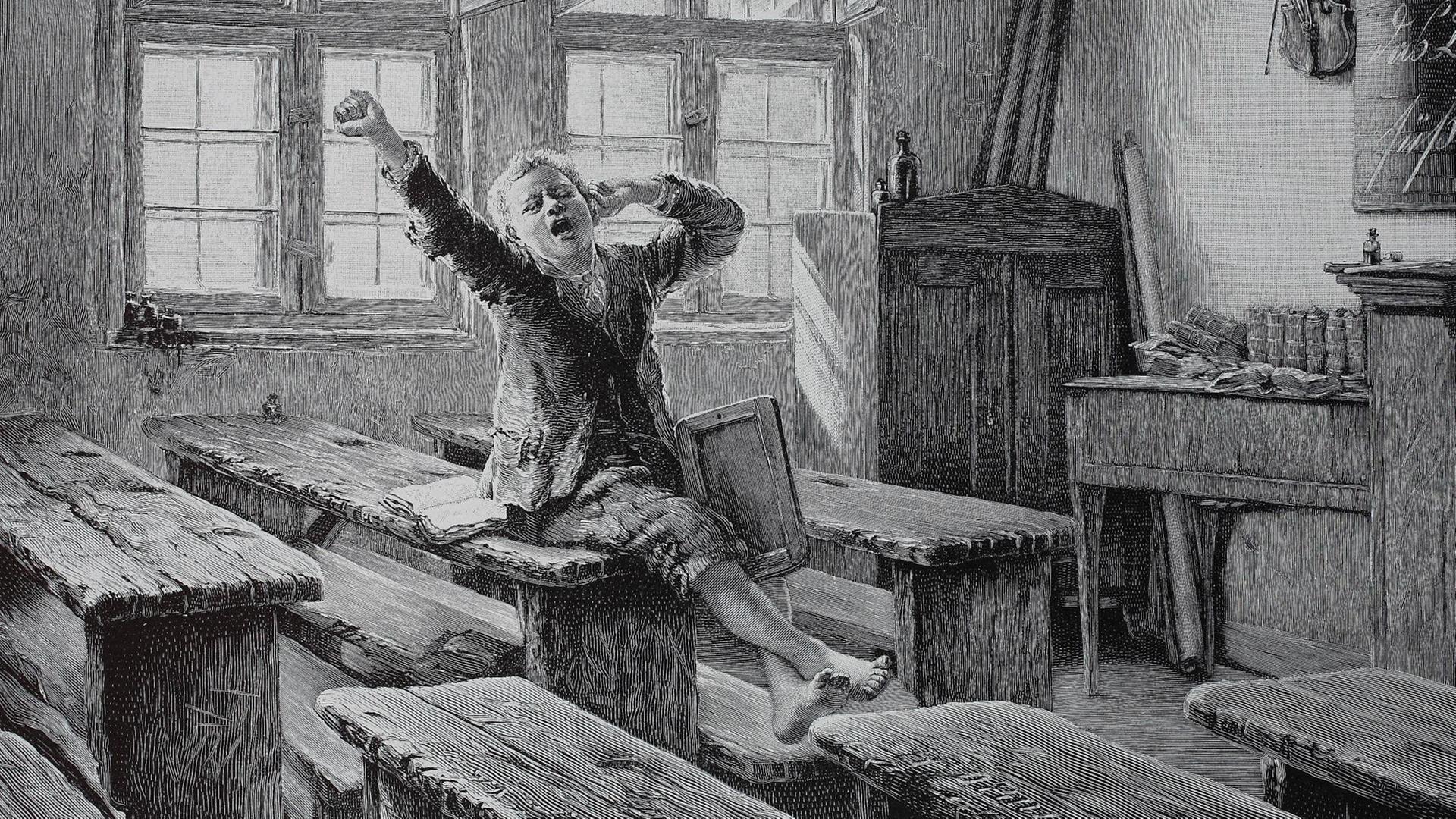 Ein Schuljunge muß im Klassenzimmer alleine nachsitzen und streckt sich vor Müdigkeit (historischer Holzschnitt von 1880) Ein Schuljunge muß im Klassenzimmer alleine nachsitzen und streckt sich vor Müdigkeit (historischer Holzschnitt von 1880)