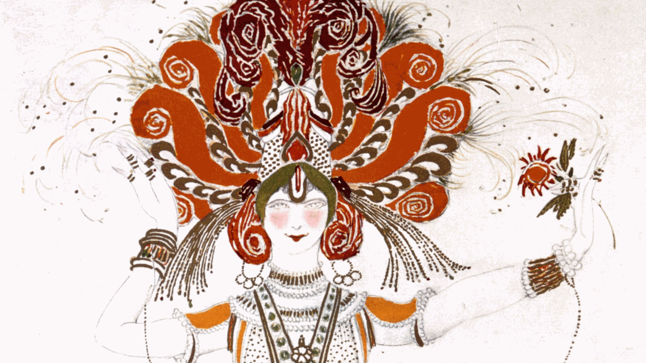Kostümentwurf von Leo Bakst für die Erstaufführung des Balletts "Der Feuervogel" von Igor Strawinsky und Sergej Diaghilew 1910. Kostümentwurf von Leo Bakst für die Erstaufführung des Balletts "Der Feuervogel" von Igor Strawinsky und Sergej Diaghilew 1910.