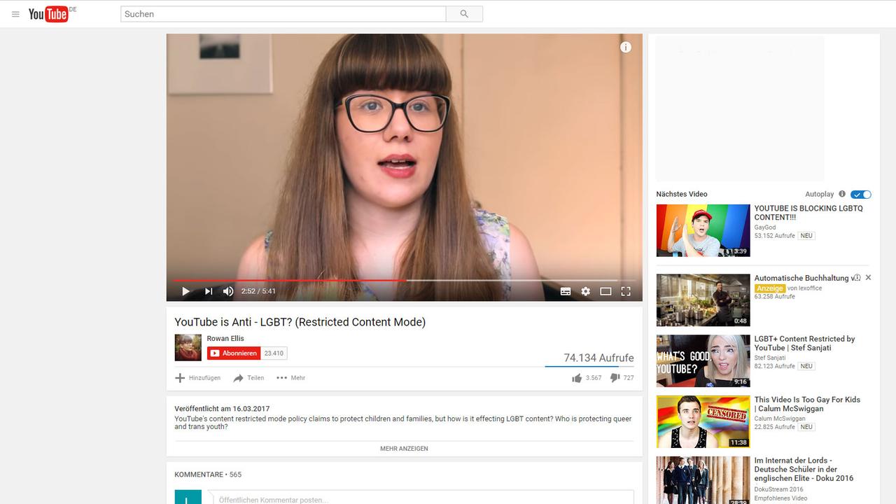 Die britische Vloggerin Rowan Ellis hat die Debatte um geblockte LGBTQ-Inhalte auf Youtube losgetreten Die britische Vloggerin Rowan Ellis hat die Debatte um geblockte LGBTQ-Inhalte auf Youtube losgetreten