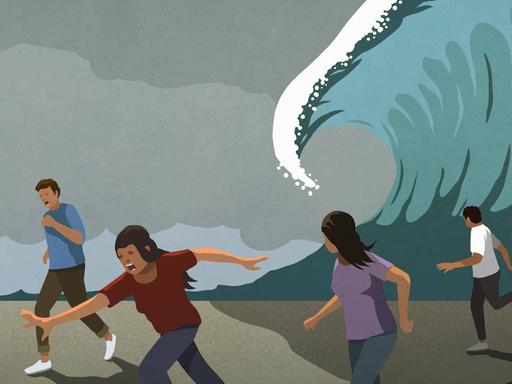Leute rennen vor einer riesigen Welle weg (Illustration).
