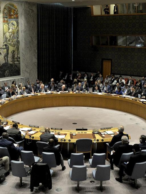 Ein Farbfoto zeigt das Plenum des UN-Sicherheitsrats bei einer Krisensitzung im April 2018 zur Lage in Syrien