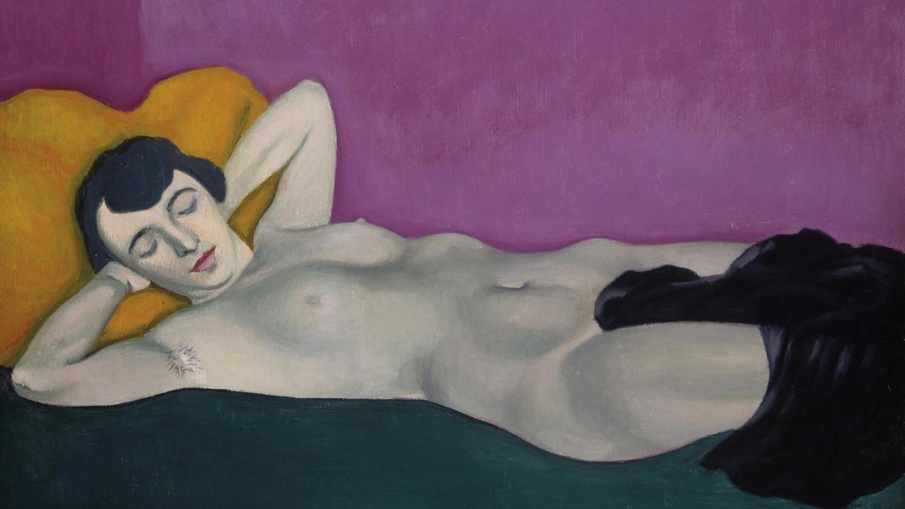Das Gemälde "Liegende Frau vor violettem Grund" von Felix Vallotton. Zu sehen ist eine nackte Frau mit bedecktem Genitalbereich. Das Gemälde "Liegende Frau vor violettem Grund" von Felix Vallotton. Zu sehen ist eine nackte Frau mit bedecktem Genitalbereich.
