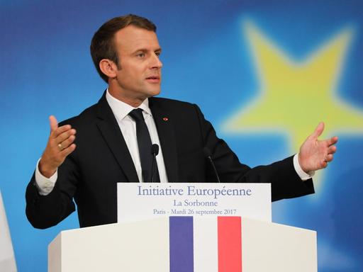 Der französische Staatspräsident Macron bei seiner Rede am 26.09.2017 an die EU an der Universität Sorbonne in Paris/Frankreich.