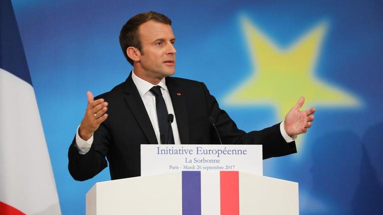 Der französische Staatspräsident Macron bei seiner Rede am 26.09.2017 an die EU an der Universität Sorbonne in Paris/Frankreich.