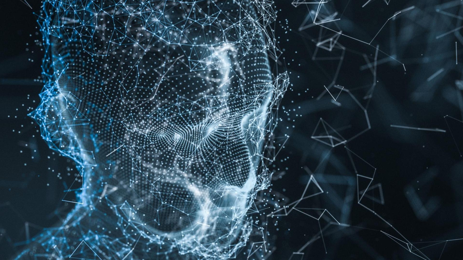 Eine dreidimensionale Darstellung eines menschlichen Kopfmodells, das aus wissenschaftlichen und technologischen Linien besteht. Eine dreidimensionale Darstellung eines menschlichen Kopfmodells, das aus wissenschaftlichen und technologischen Linien besteht.