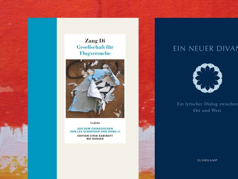 Buchcover links: Zang Di: „Gesellschaft für Flugversuche“, Buchcover rechts: Barbara Schwepcke, Bill Swainson (Hrsg.): „Ein neuer Divan - Ein lyrischer Dialog zwischen Ost und West“
