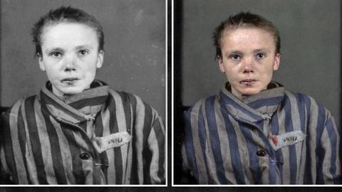 Eine von der brasilianischen Künstlerin Marina Amaral kolorierte Aufnahme eines jungen Mädchens im KZ Auschwitz-Birkenau.