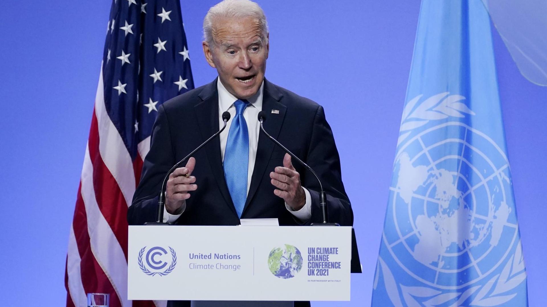 US-Präsident Joe Biden spricht bei einer Pressekonferenz anlässlich des UNO-Klimagipfels. US-Präsident Joe Biden spricht bei einer Pressekonferenz anlässlich des UNO-Klimagipfels.
