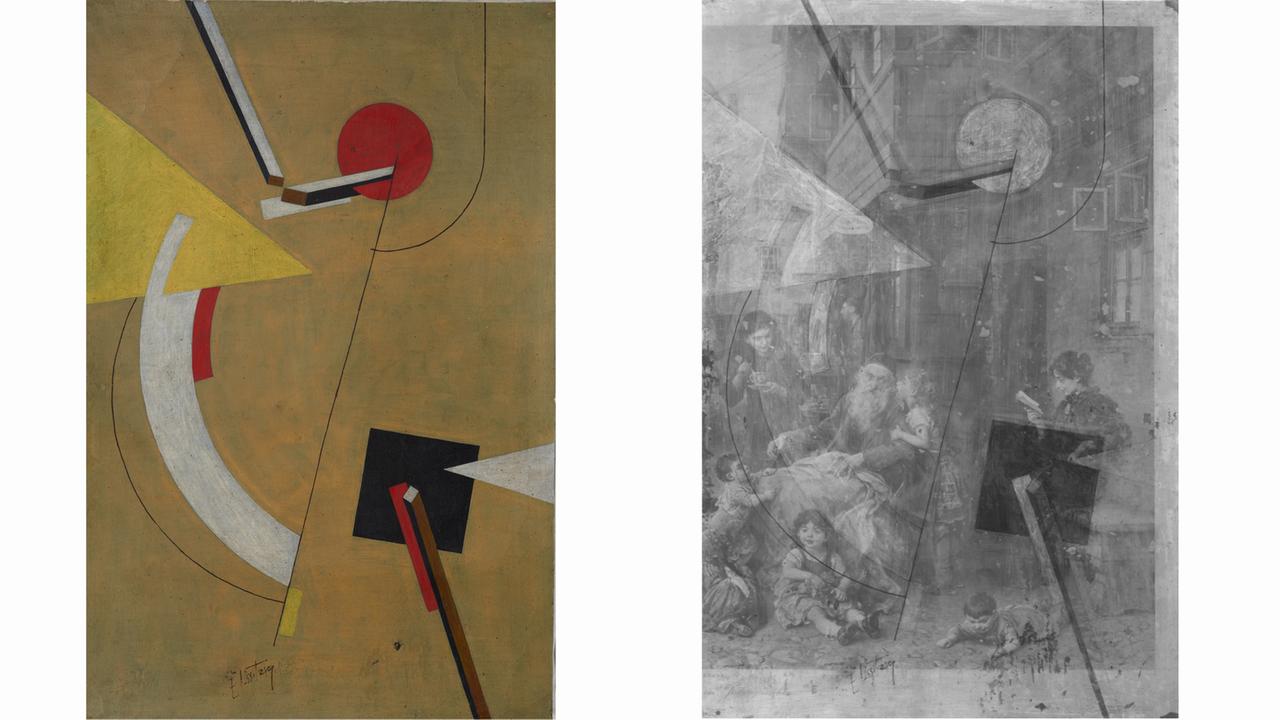 Links das vermeintlich 1923 von El Lissitzky gemalte Gemälde "Proun" - rechts das Infrarotreflektogram, auf dem der Druck unter der Gemäldeschicht sichtbar wird Links das vermeintlich 1923 von El Lissitzky gemalte Gemälde "Proun" - rechts das Infrarotreflektogram, auf dem der Druck unter der Gemäldeschicht sichtbar wird