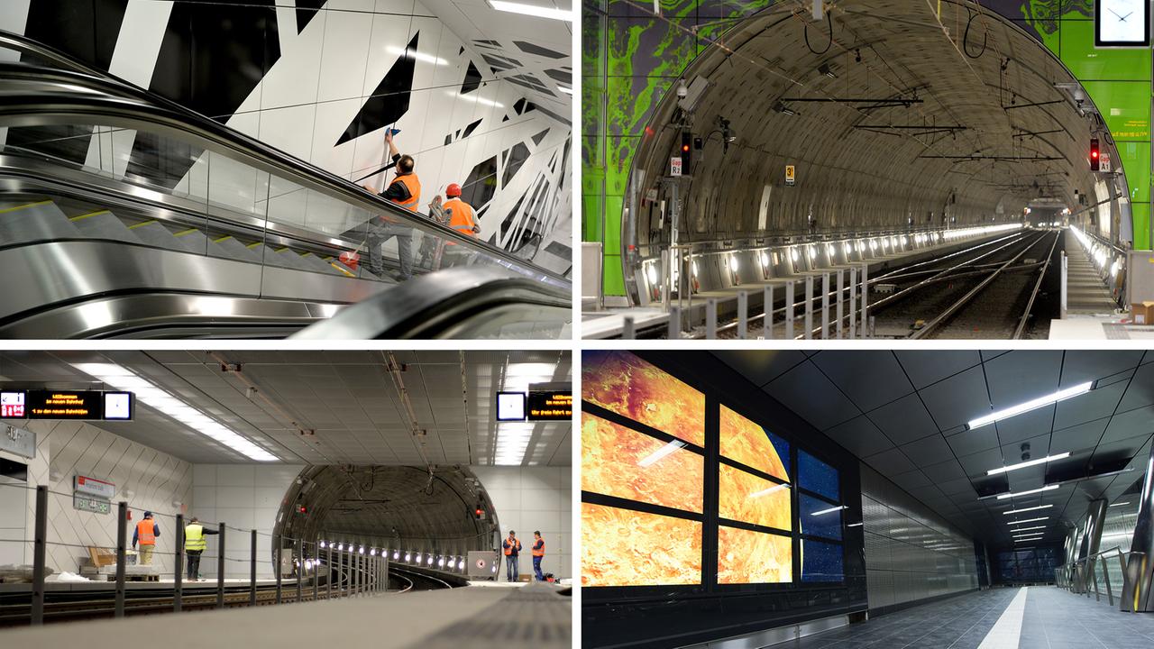 Vier Stationen der neuen Wehrhahnlinie in Düsseldorf: Pempelforter Straße (o.l.), Graf-Adolf-Platz (o.r.), Schadowstraße (u.l.) und Benrather Straße (u.r.) Vier Stationen der neuen Wehrhahnlinie in Düsseldorf: Pempelforter Straße (o.l.), Graf-Adolf-Platz (o.r.), Schadowstraße (u.l.) und Benrather Straße (u.r.)
