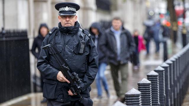 Nach den Terroranschlägen in Paris patrouilliert ein bewaffneter Polizist in Whitehall, London.