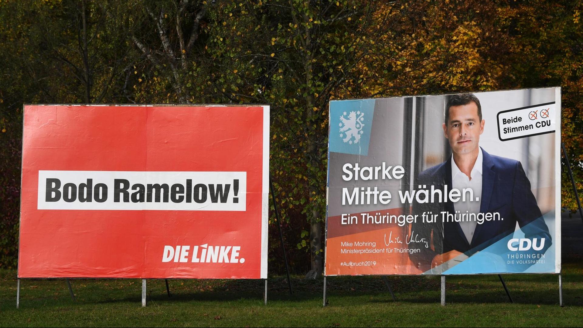 Wahlplakate mit den Spitzenkandidaten von der Linken, Bodo Ramelow und der CDU, Mike Mohring für die Landtagswahl in Thüringen