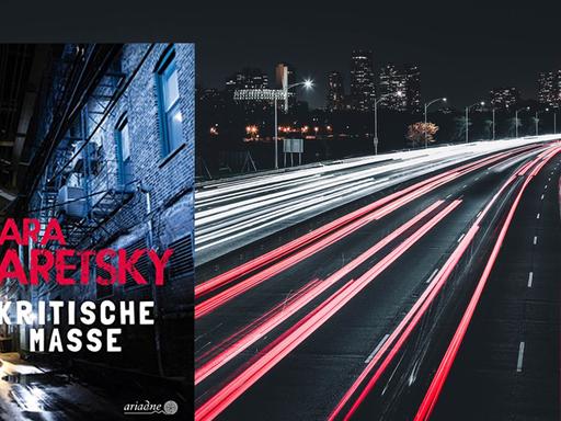 Cover von Sara Paretskys Buch "Kritische Masse". Im Hintergrund ist eine Nachtaufnahme von einer vielbefahrenen Straße in Chicago zu sehen.