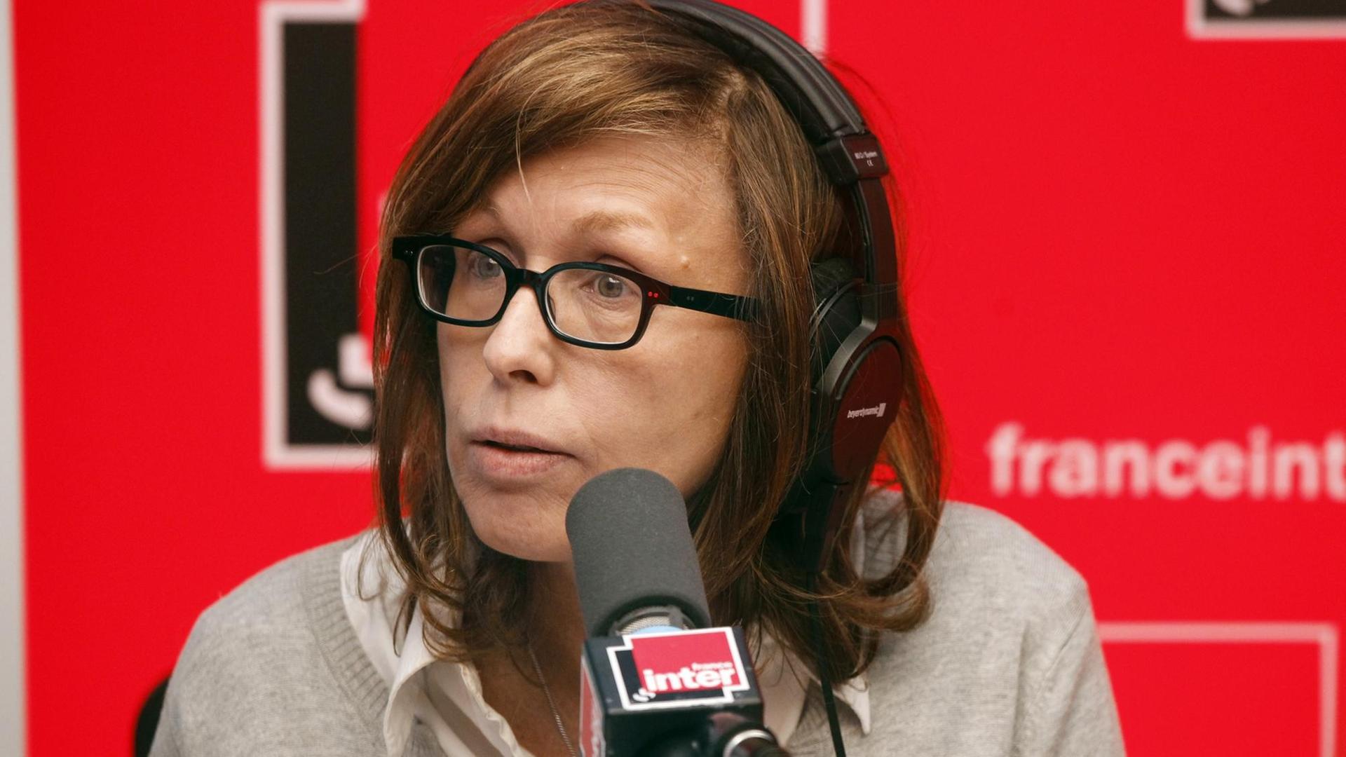 President of French far-right party Front national (FN) and candidate for the 2012 French presidential election is interviewed by journalist Pascale Clark in a political show at French radio station France Inter, on April 19, 2012 in Paris.