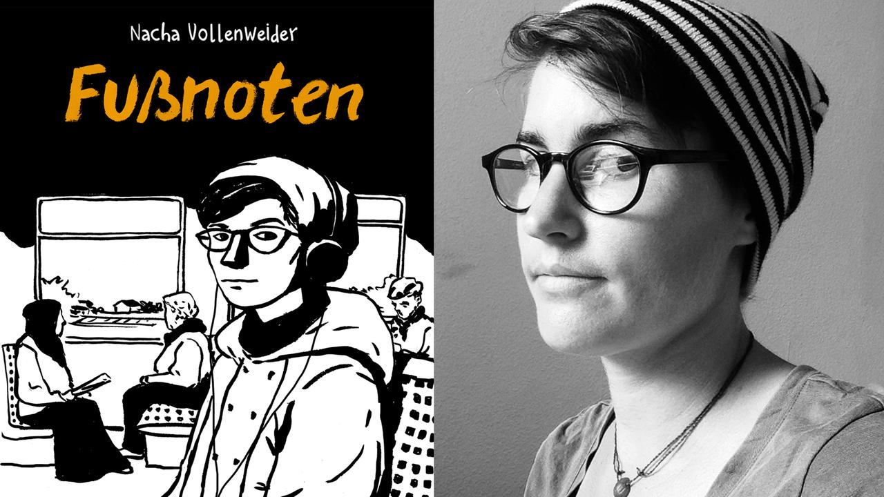 Cover "Fußnoten" von Nacha Vollenweider, daneben die Autorin selbst. Cover "Fußnoten" von Nacha Vollenweider, daneben die Autorin selbst.