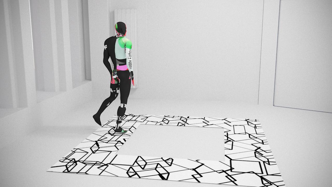 Eine digitale, menschliche Projektion läuft in einem weißen Studio ein quadratisches Muster ab.
