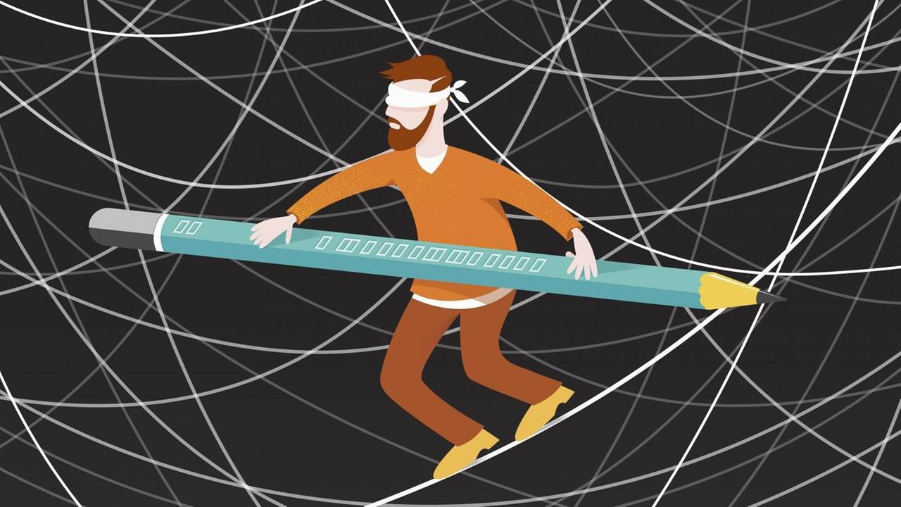 Ein Mann mit Augenbinde balanciert auf einem Drahtseil mit einem Bleistift zwischen verworrenen Linien. (Illustration) Ein Mann mit Augenbinde balanciert auf einem Drahtseil mit einem Bleistift zwischen verworrenen Linien. (Illustration)