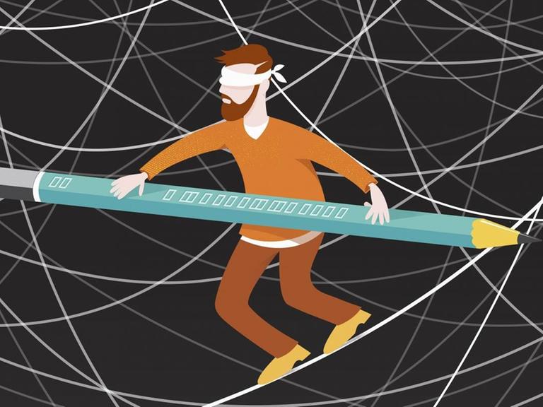 Ein Mann mit Augenbinde balanciert auf einem Drahtseil mit einem Bleistift zwischen verworrenen Linien. (Illustration)