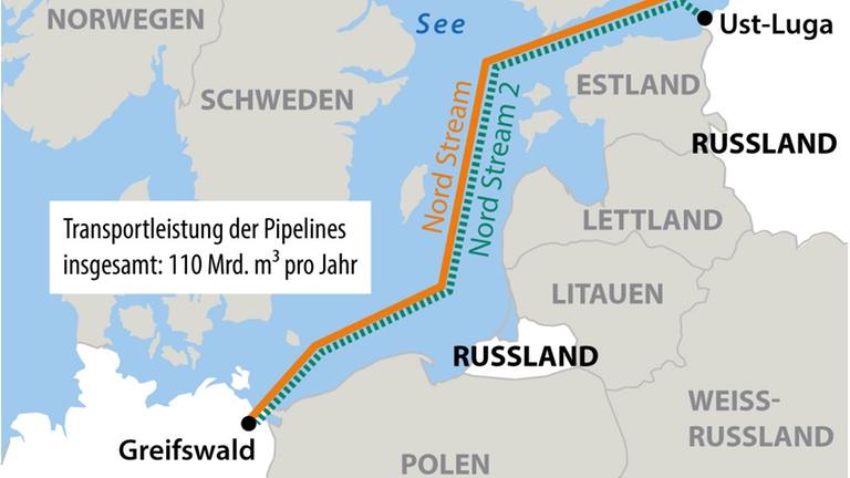 Karte: Gas aus Russland - Wo Nord Stream und Nord Stream 2 verlaufen; Querformat 90 x 85 mm; Grafik/Redaktion: A. Zafirlis Karte: Gas aus Russland - Wo Nord Stream und Nord Stream 2 verlaufen; Querformat 90 x 85 mm; Grafik/Redaktion: A. Zafirlis